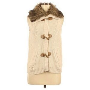 Pink Republic Knit Button Up Vest Faux Fur Hood Women's Medium Cream Sleeveless